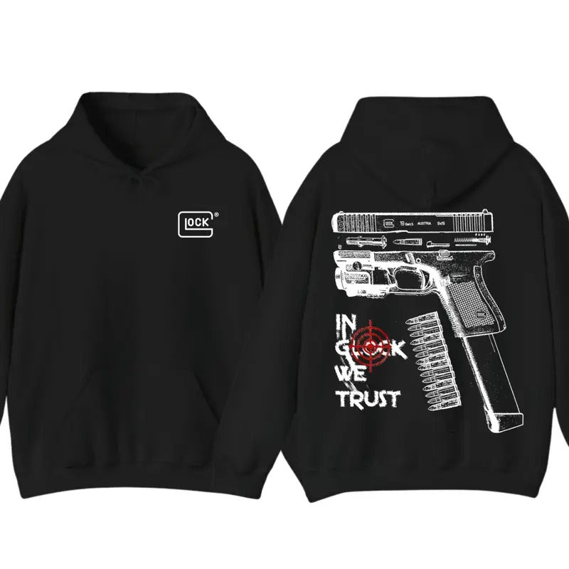 Glock Tshirt Hoodie IN GLOCK WE TRUST Tshirt Double Side T-Shirt Hot Trend for men for women Sweatshirt | HypeCrazeTee.com
