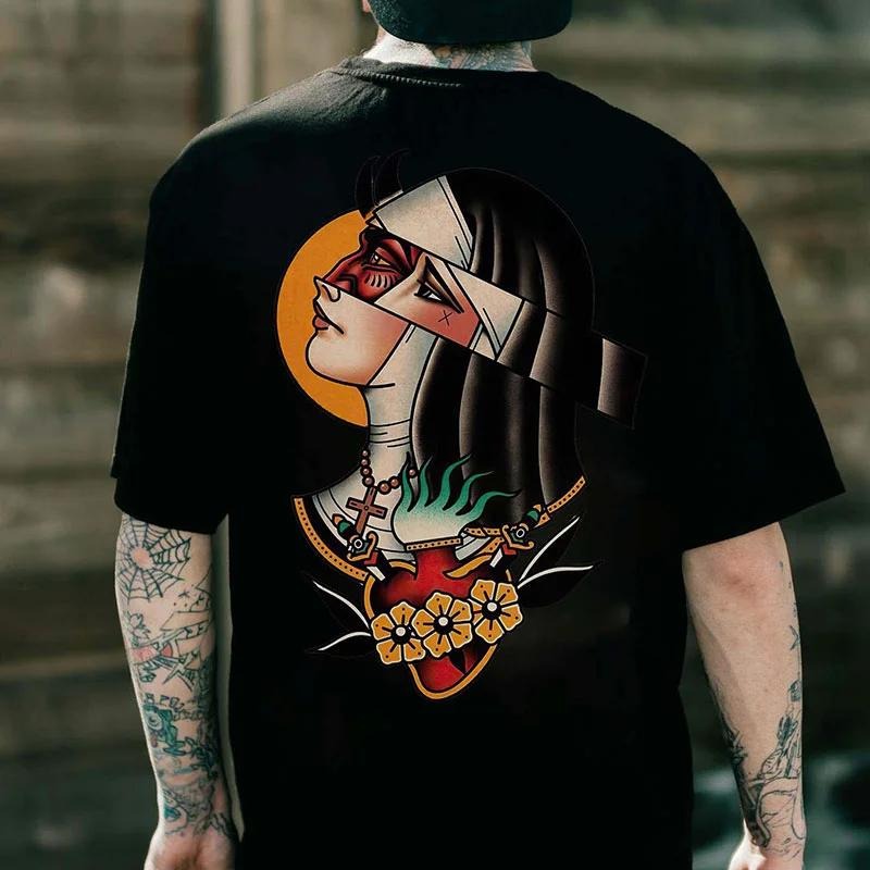 Gloomy Broken Nun with Flowers Black Print T-shirt - Naughty Clothes Men Hoodie, Sweatshirt | HypeCrazeTee.com