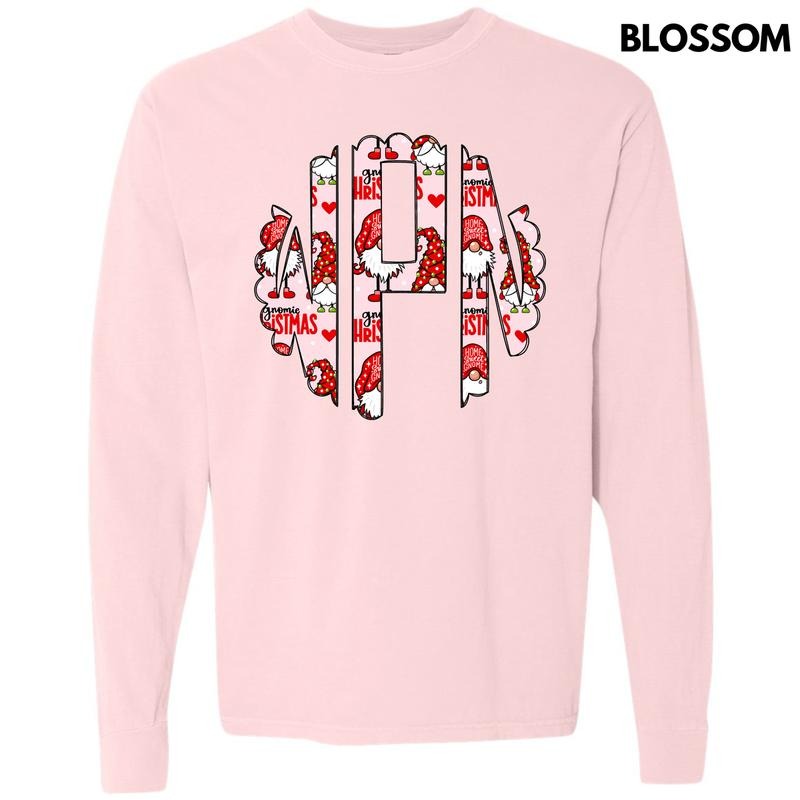 Gnome Christmas Monogram Long Sleeve Comfort Colors T-Shirt 'NLB' Hoodie, Sweatshirt | HypeCrazeTee.com
