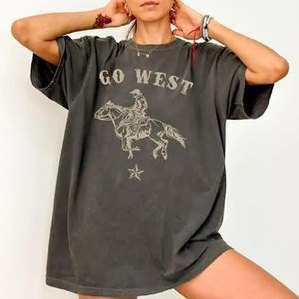 Go West, Cowboy, Horse, Western, Retro, Vintage,  Tshirt, Women's Crew Neck, Crewneck Hoodie, Sweatshirt | HypeCrazeTee.com