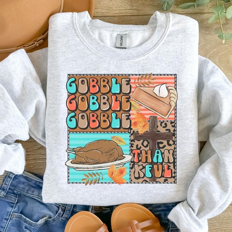 Gobble Gobble Gobble Thankful Ash Grey Sublimation Womenswear Casual Comfort Thanksgiving T-Shirts, Hoodie, Sweatshirt