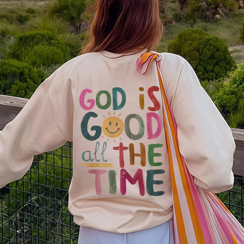 God Is Good All The Time 2 Sided Sweatshirt, Christian Quote Sweater, Faith Inspiration Pullover, Cute Smiley Face...
