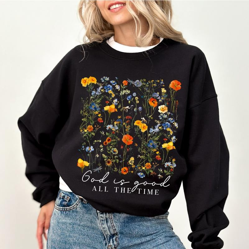 God Is Good All The Time Sweatshirt, Floral Christian Crewneck, Bible Verse Long Sleeves Pullover, Wild Flowers Religious...