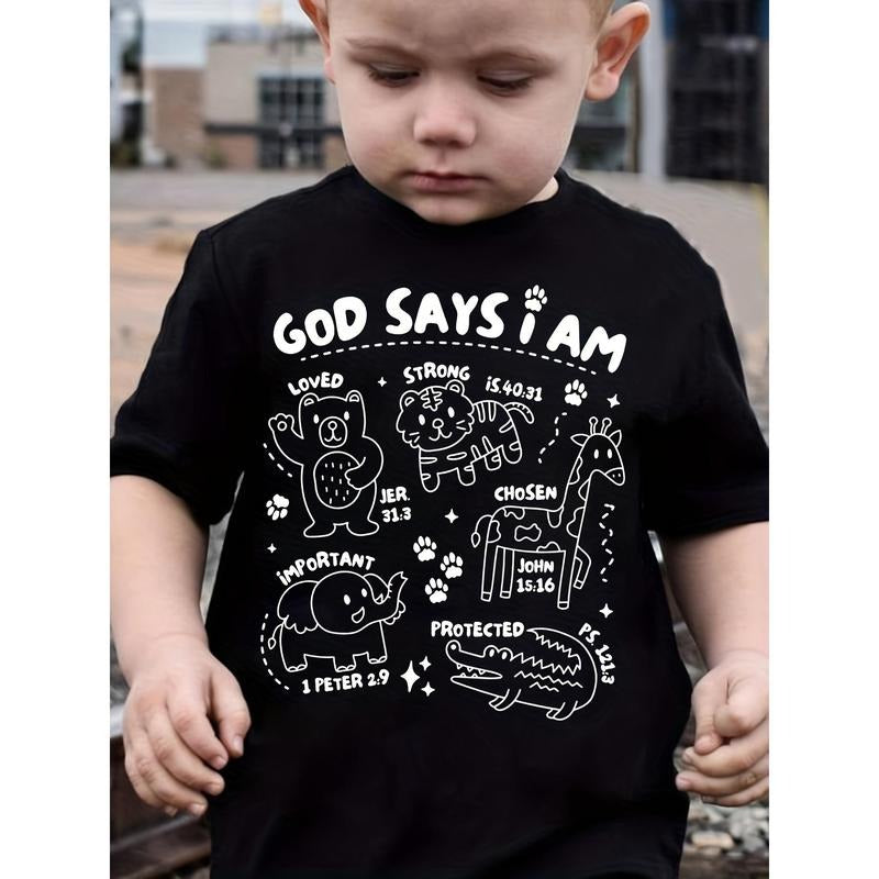 God Says I'm...... Animal Theme Print Boys Funny Creative T-shirt, Comfortable Crew Neck Top, Kids Summer Clothing...