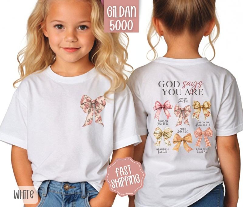 God Says You Are Kids Shirt, Coquette Bow Children's Shirt, Religious Youth Tee Gildan Hoodie, Sweatshirt | HypeCrazeTee.com