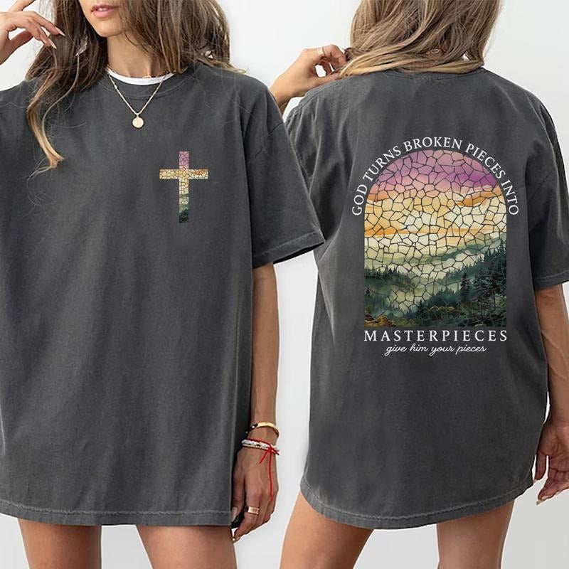 God Turns Pieces Into Masterpieces Shirt, Christian Graphic Tee Women, Bible Verse Printed Women Tops, Unisex Christian...