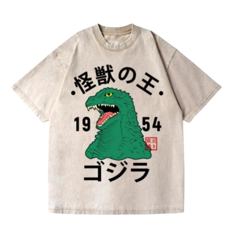 Godzilla Vintage Wash Japanese Design T-Shirt, Funny Anime Graphic Tee Shortsleeve Comfort Top Hoodie, Sweatshirt