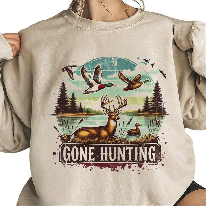 Gone Hunting Deer Sweatshirt Mallard Duck Retro T-Shirt Hunting Season National Day Unisex Hoodie | HypeCrazeTee.com