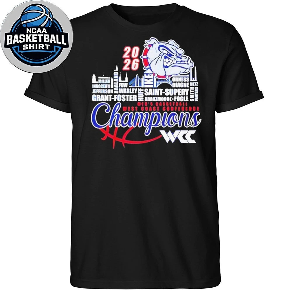 Gonzaga Bulldogs 2026 WCC Men’s Basketball Champions player names city skyline Logo Shirt