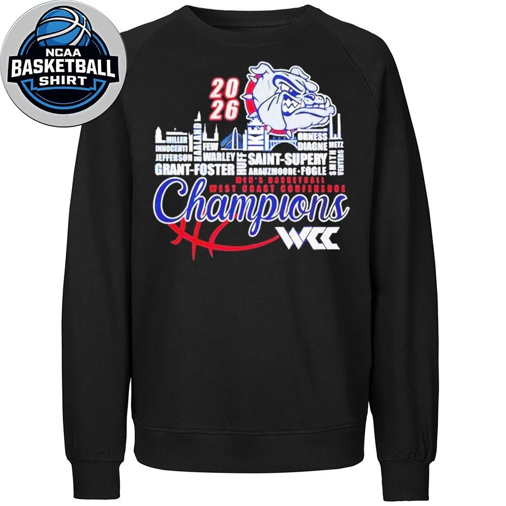 Gonzaga Bulldogs 2026 WCC Men’s Basketball Champions player names city skyline Logo Shirt