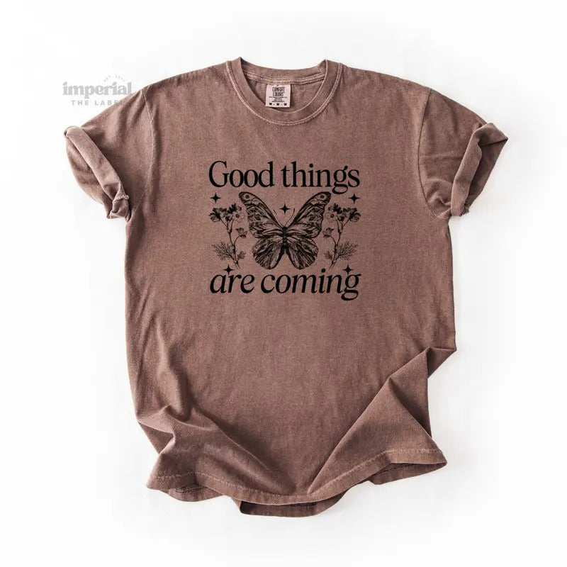 Good Things Are Coming Comfort Colors T-Shirt, Vintage Graphic Tee, Garment-Dyed Cotton, Unisex Relaxed Fit, Casual...