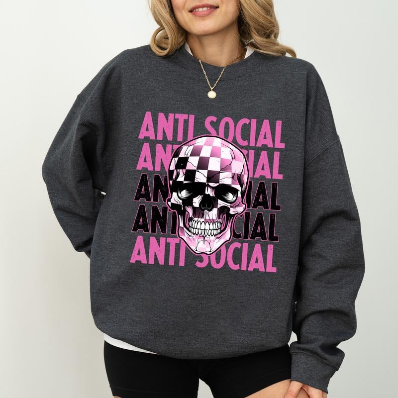 Gothic Anti Society Sweatshirt, Cool Checkered Skull Sweater, Homebody Shirt, Sarcastic Clothing Gifts, Introvert Long...