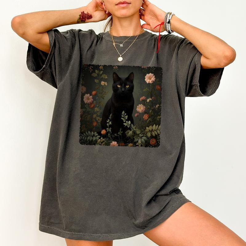 Gothic Cat Comfort Colors Shirt, Black Cat Tee, Vintage Floral Cat Mom T-shirt, Animal Lover Clothing Hoodie, Sweatshirt