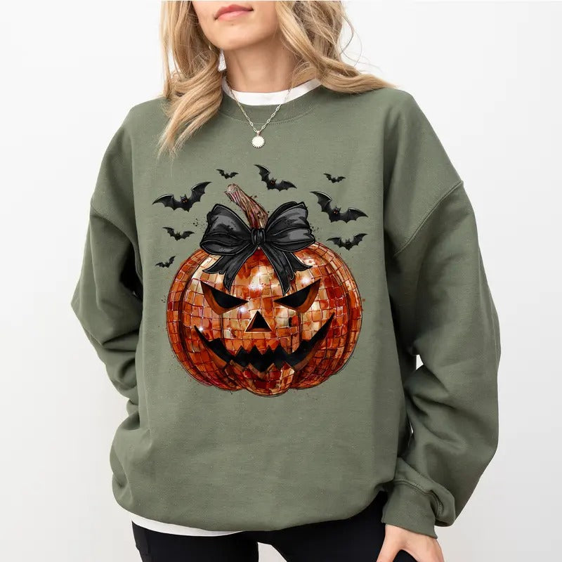 Gothic Coquette Bow Halloween Pumpkin Sweatshirt, Gothic Pumpkin Crewneck For Girls, Creepy Pumpkin Sweater, Halloween...