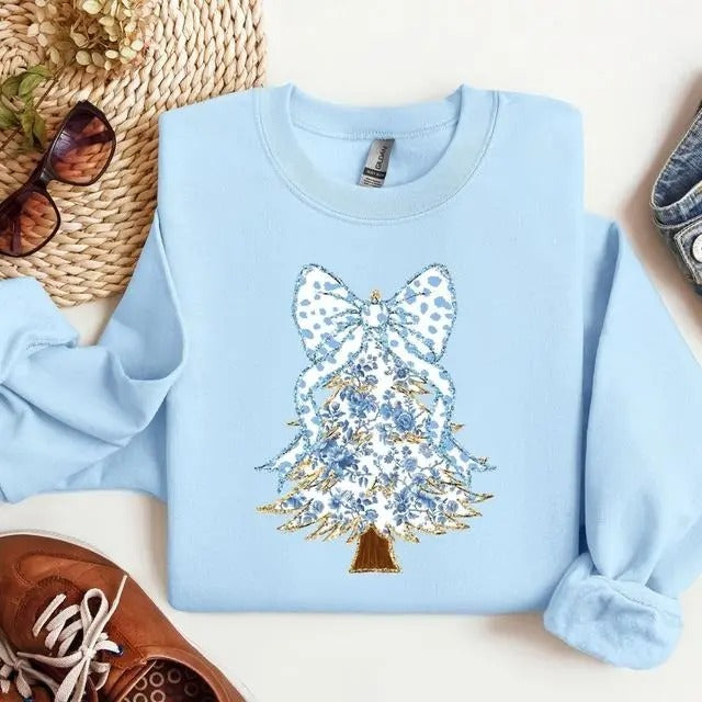Grand Millennial Blue Coquette Christmas Tree Sweatshirt, Christmas Bow Shirt, Xmas Blue Coquette Lovers Tee, Christmas...
