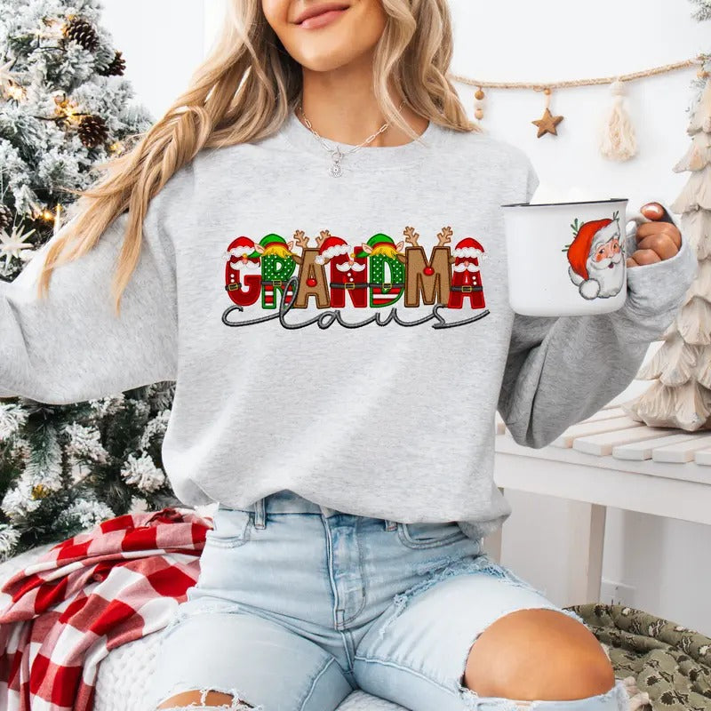 Grandma Claus Faux Embroidery Sweatshirt T-Shirts, Hoodie | HypeCrazeTee.com