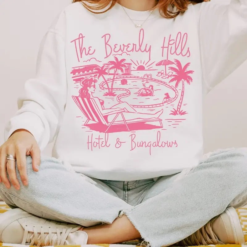 Graphic Beverly Hills Hotel and Bungalows, Sweatshirt, Quirky and Cool Hoodie, Retro Vibes Crewneck, Bougie, Trendy, Gift...