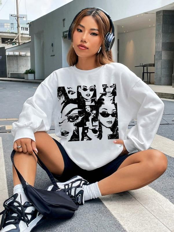 Graphic Figure Print Sweatshirt Long Sleeve Drop Shoulder Oversized Pullover Top T-Shirts, Hoodie | HypeCrazeTee.com