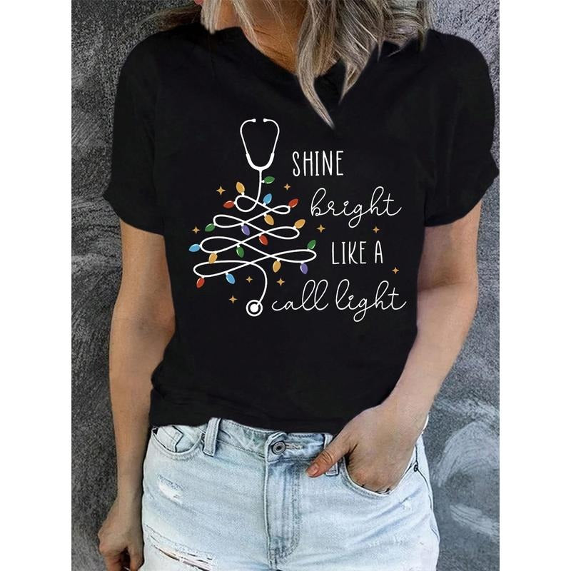 Graphic Shirts Women's Fun Nurse Christmas-Shirt - "Shine Like Light" Holiday Pattern-Shirt With Stethoscope Design,...