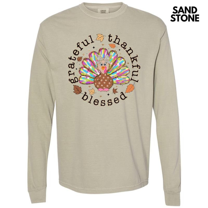 Grateful Thankful Blessed Turkey Long Sleeve Comfort Colors T-Shirt 'NLB' Hoodie, Sweatshirt | HypeCrazeTee.com