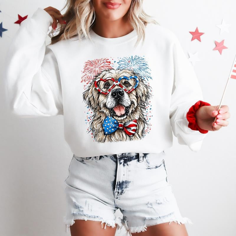 Great Pyrenees Patriotic Dog, USA, America, Pet Lover, 4th of July Sweatshirt, Crew Neck, Women's, Crewneck T-Shirts, Hoodie