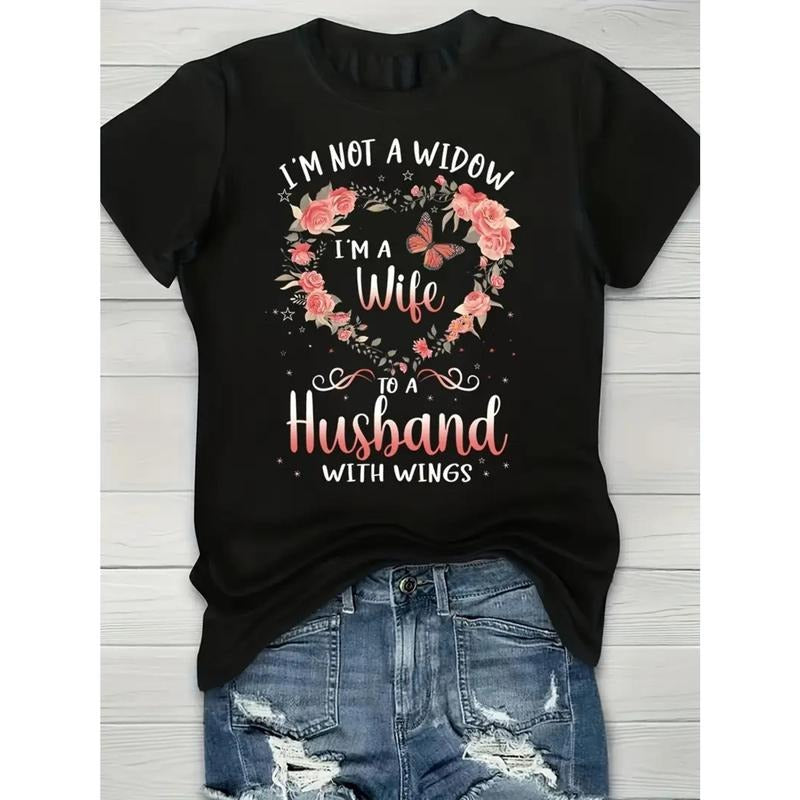Great Women'S Inspirational Graphic Tee - "Wife to a Husband with Wings" Print, Casual Crew Neck T-Shirt, Short Sleeve,...