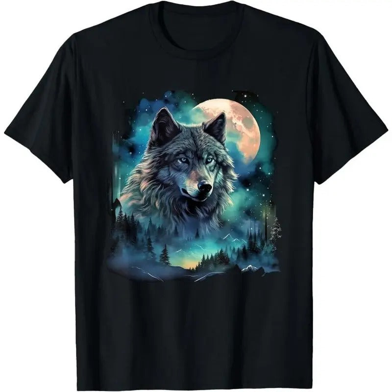 Grey Wolf Hunting Grounds Icy Moon Forest Galaxy T-Shirt Hoodie, Sweatshirt | HypeCrazeTee.com