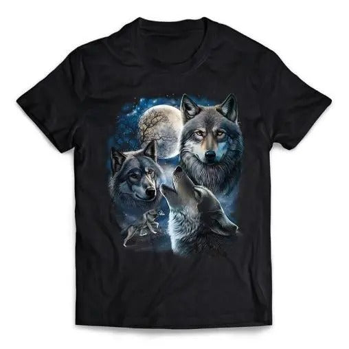 Grey Wolf Under Full Moon, Space, Galaxy, and Stars - Short-Sleeve Unisex T-Shirt Made in USA Hoodie, Sweatshirt