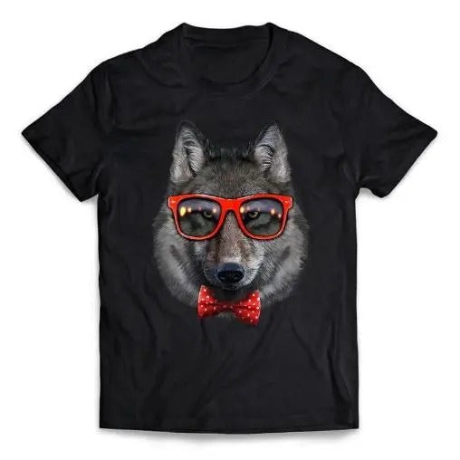 Grey Wolf in Red Retro Sunglass and Bow Tie - Short-Sleeve Unisex T-Shirt Made in USA Hoodie, Sweatshirt | HypeCrazeTee.com