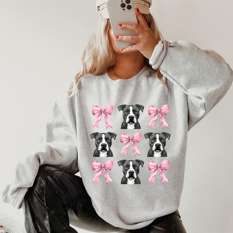 Grey and White Pitbull with bows Sweatshirt ~ Sweatshirt Unisex Apparel Relaxed Fit Printed in the USA Clothing...