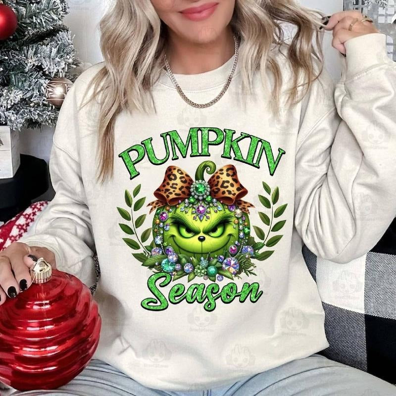 Grnchy Guy Pumpkin Shirt Grnchy Sparkling Leopard Coquette Bow Shirt Merry Christmas Shirt, Christmas Gift Hoodie, Sweatshirt