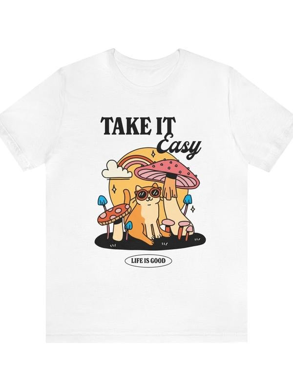 Groovy Cat Graphic Tee, Take it easy Beach T Shirt, Trendy Preppy Unisex T Shirts, Positive Quote T-Shirts, Shirts, Funky...