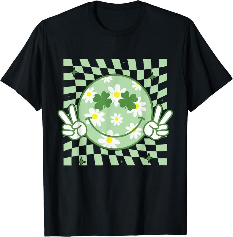 Groovy Shamrock Smile Face St Patricks Day Men Funny T-Shirt | Unisex Cotton Tee, Short Sleeve, Crewneck, Size S-5XL...