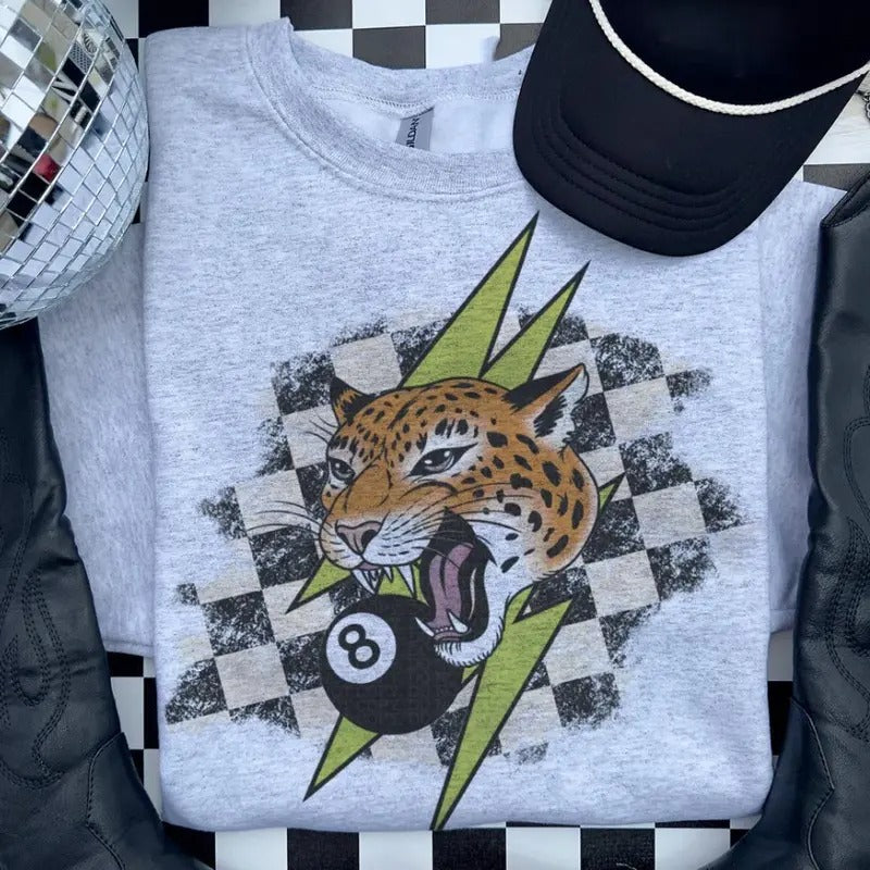 Grunge Checkered Leopard Bolt, Graphic Crewneck Sweatshirt, cowgirl outfits, western clothing, western tops outfits...