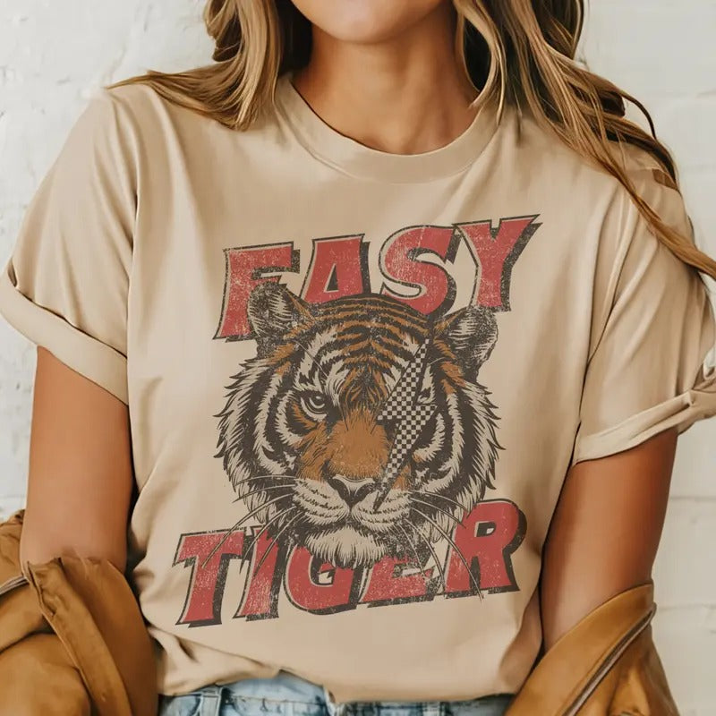Grunge Easy Tiger Graphic Tee Vintage Lightning Bolt Tiger Tshirt Distressed Easy Tiger T-Shirt Casual Unisex Tiger...