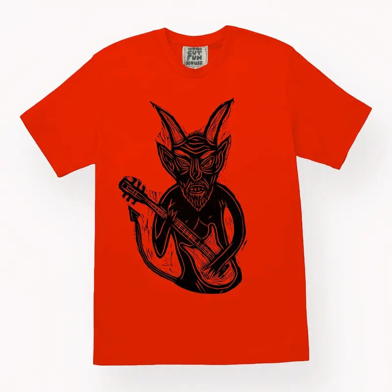 Guitar Devil Woodblock Printed All Cotton T-Shirt Menswear Top Graphic Streetwear Hoodie, Sweatshirt | HypeCrazeTee.com