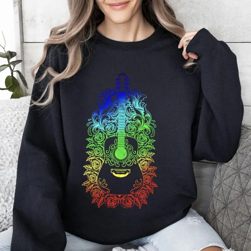 Guitar With Roses, Colorful Sweatshirt T-Shirts, Hoodie | HypeCrazeTee.com