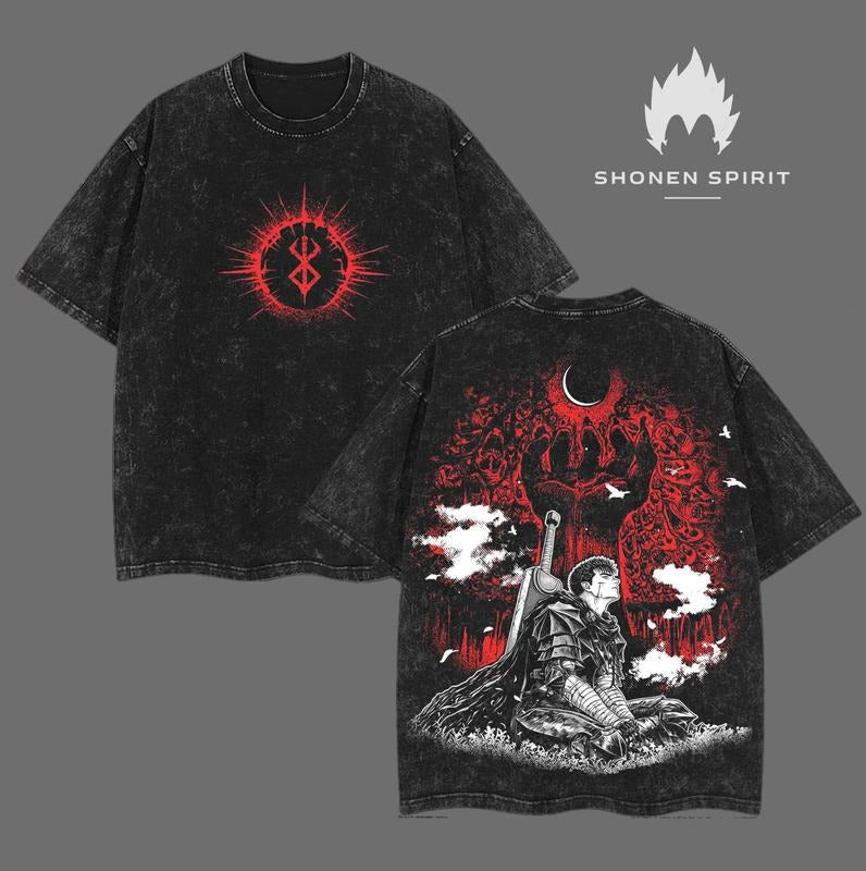 Guts "Black Swordsman" - Berserk Anime Double Printed Vintage Washed Unisex Oversize Anime Manga Washed Heavyweight...