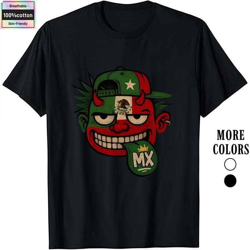 HAGBDH Fashion Designer T-Shirts - Cotton Graphic Tees with Mexican Flag Devil Tee
