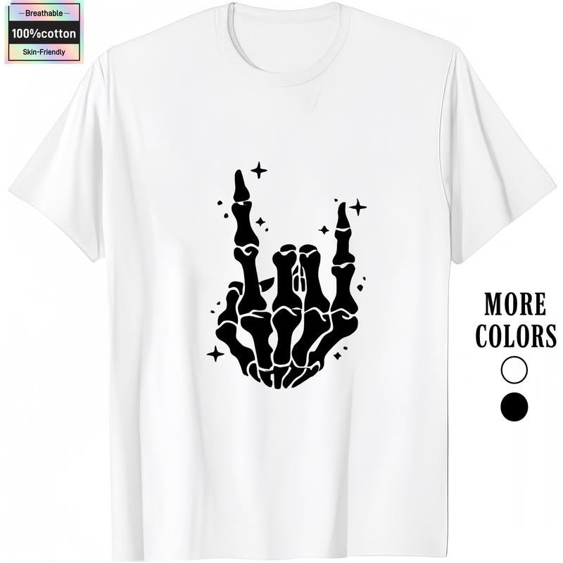 HAGBDH Fashion Designer T-Shirts - Cotton Graphic Tees with Rock On Skeleton Hand