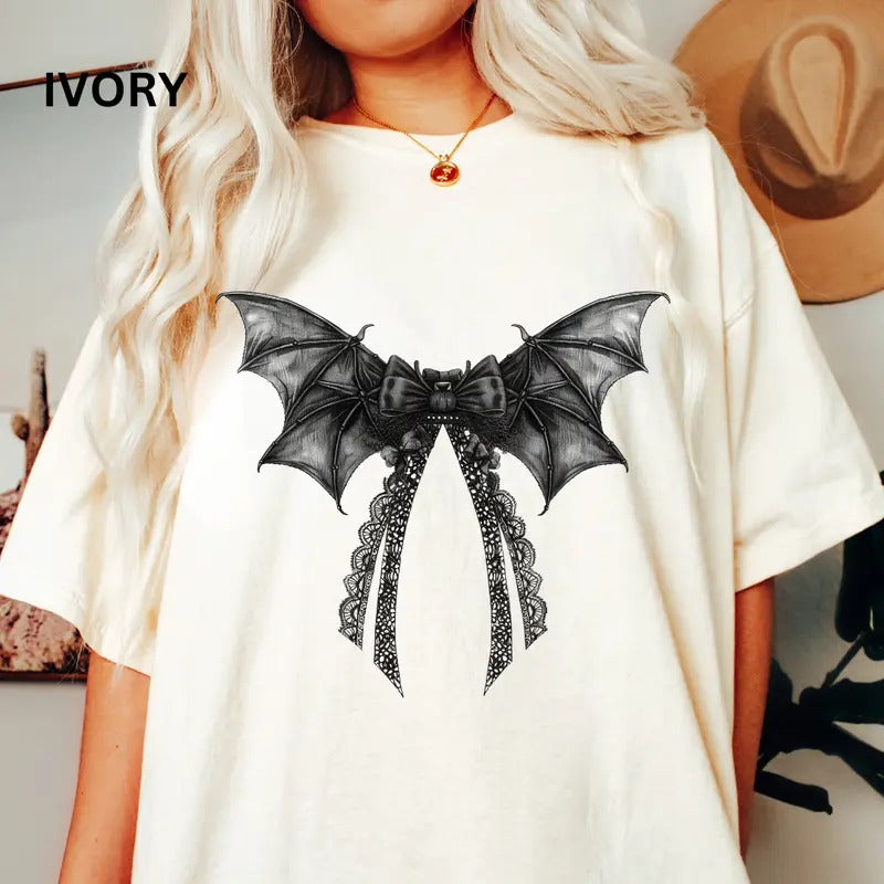 HALLOWEEN GRAPHIC TEES, BOWS AND BATS SHIRT, HALLOWEEN BOW COQUETTE SHIRT, WOMEN'S READING SHIRT, (COMFORT COLORS...