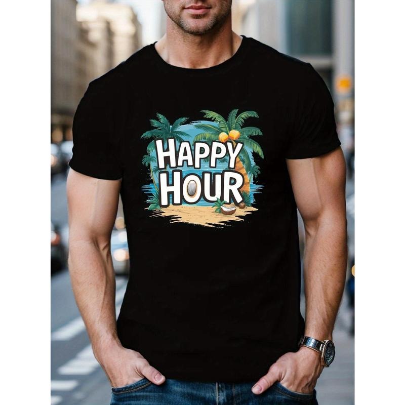 HAPPY HOUR printed men's round neck short sleeve T-shirt, fashion graphic T-shirt, casual and comfortable top Spring and...