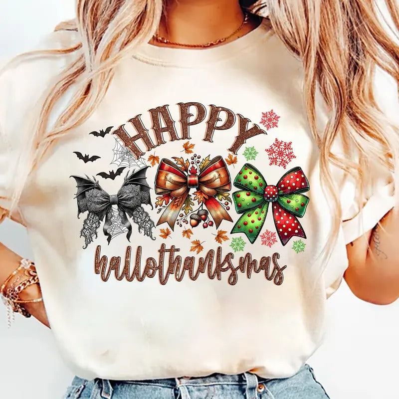 Hallothanksmas Coquette Bow Shirt Happy Hallothanksmas Shirt Coquette Bow Shirt Fall Shirt T-Shirts, Hoodie, Sweatshirt
