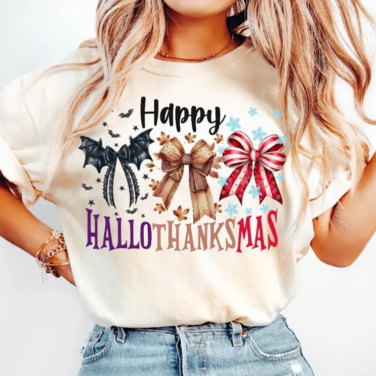 Hallothanksmas Coquette bow Shirt, Happy Hallothanksmas Shirt, Christmas Coquette bow Shirt, Fall Shirtstyle{n002}2...