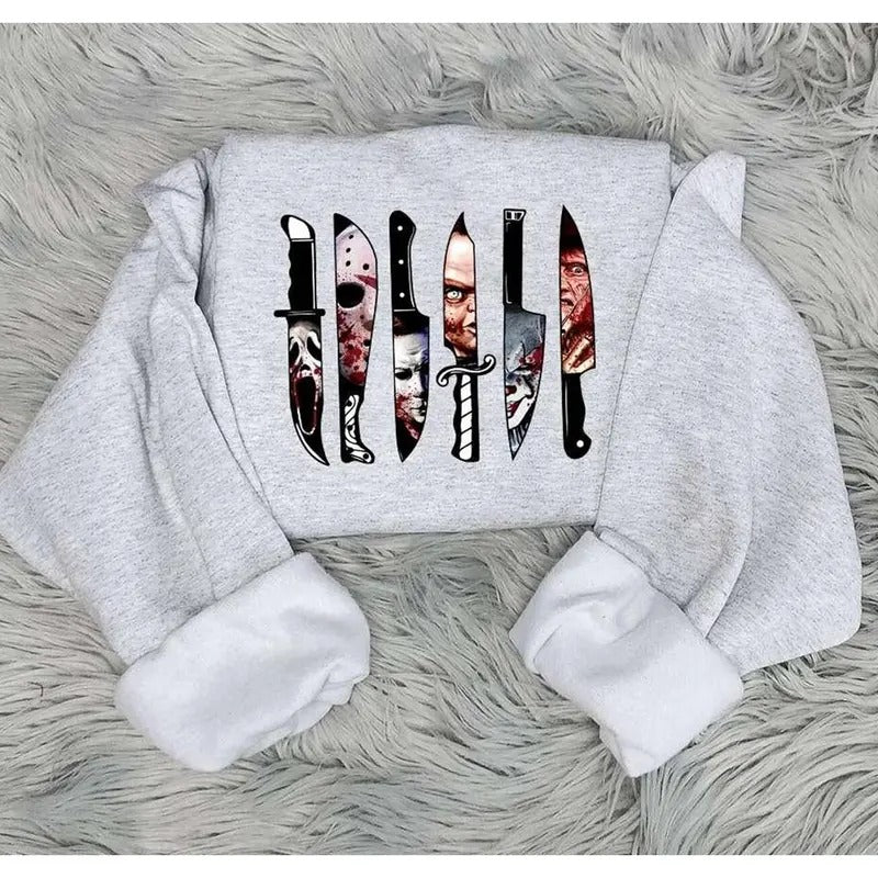Halloween   Characters Knife Shirt Michael Myers Pennywise Chucky   Movie Shirt Spooky Season Shirt Hoodie, Sweatshirt