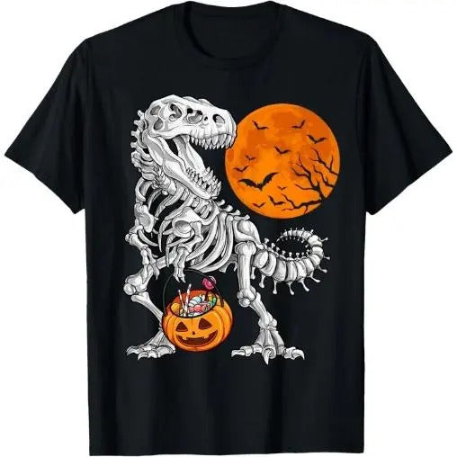 Halloween Boys Dinosaur Skeleton T rex Scary Pumpkin Moon T-Shirt Made in USA Hoodie, Sweatshirt | HypeCrazeTee.com