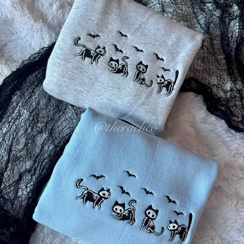 Halloween Cat Sweatshirt, Embroidered Halloween Sweatshirt, Cat Halloween Crewneck T-Shirts, Hoodie | HypeCrazeTee.com