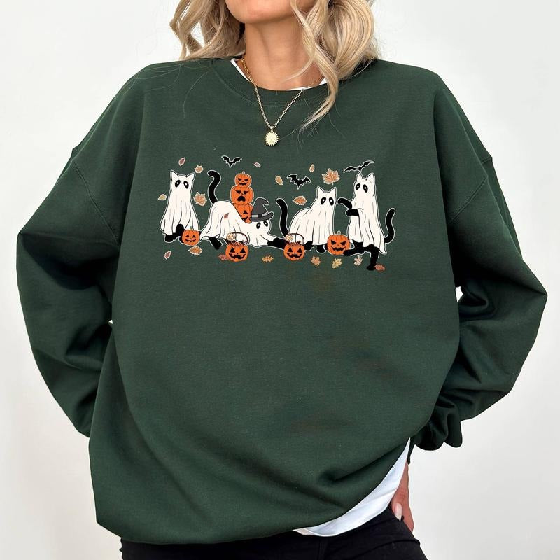Halloween Cats Shirt, Funny Ghost Cats T-shirt, Halloween Shirt For Cat Mom, Cat Lover Tees, Happy Halloween Crewneck,...