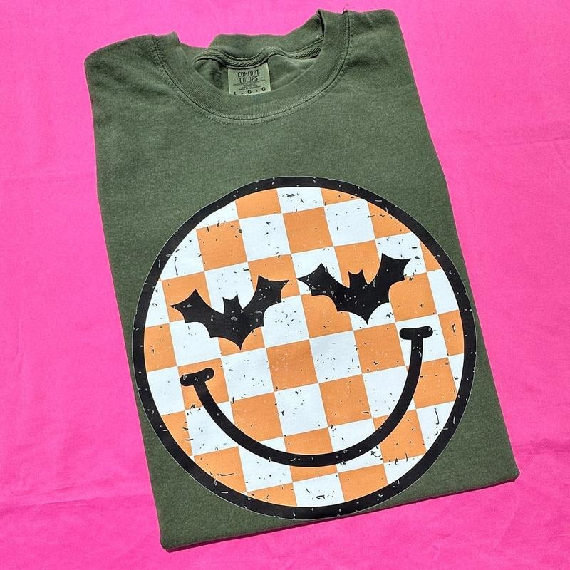 Halloween Checkered Happy Face Comfort Colors T-Shirt Hoodie, Sweatshirt | HypeCrazeTee.com