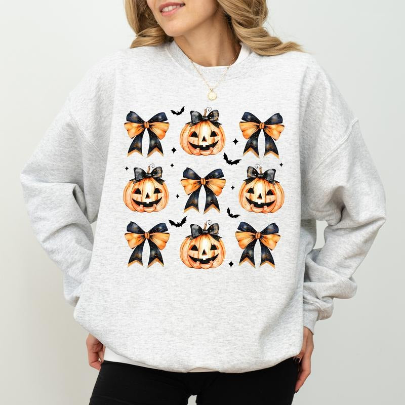 Halloween Coquette Bow Pumpkin Sweatshirt, Gothic Halloween Sweatshirt For Girls, Cute Pumpkin With Bow Sweater, Coquette...